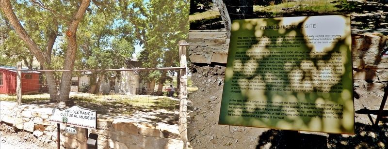 Frijole Historic Site Entrance (<i>wide view; museum sign left of gate & marker right of gate</i>) image. Click for full size.