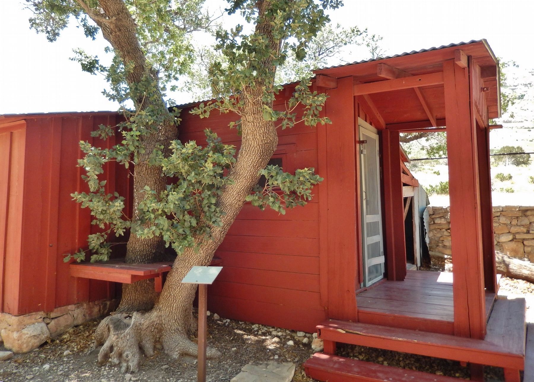 Frijole School House Marker (<i>wide view; marker near school house entrance</i>). Click for full size. Frijole School House Marker (<i>wide view; marker near school house entrance</i>) image. Click for full size.