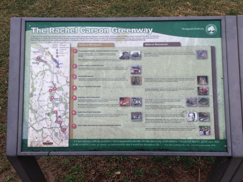 The Rachel Carson Greenway Marker. Click for full size. The Rachel Carson Greenway Marker image. Click for full size.