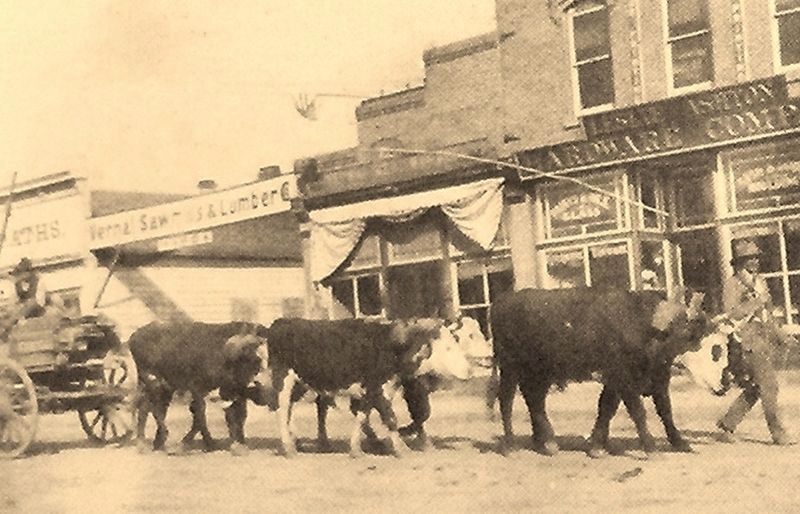Marker detail: Oxen & wagon in front of Leslie Ashton's Hardware Company image. Click for full size.