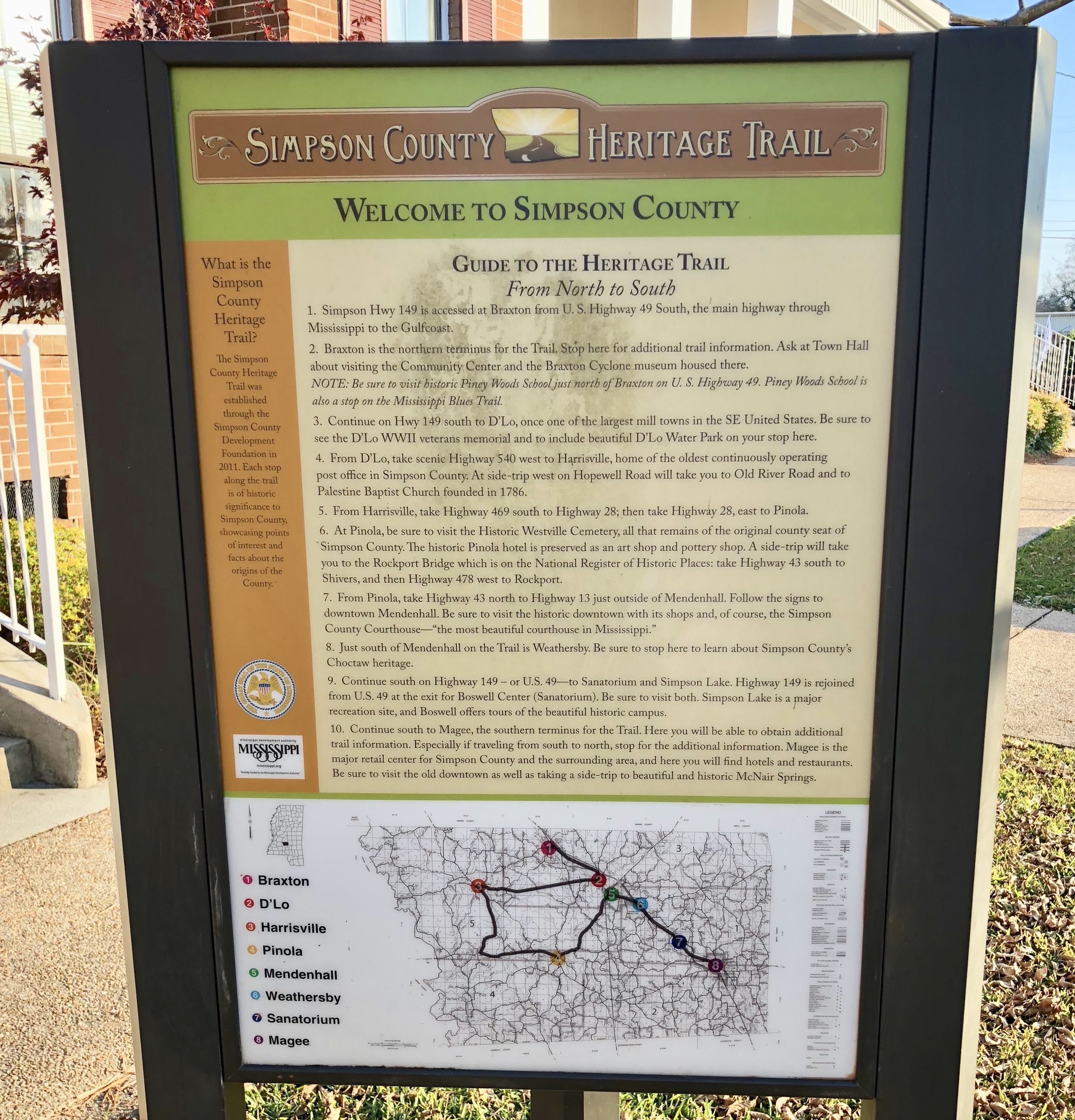 Guide to the Simpson County Heritage Trail and provides directions & map.