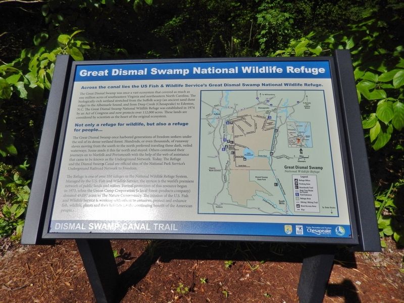 Great Dismal Swamp National Wildlife Refuge Marker (<i>wide view</i>) image. Click for full size.