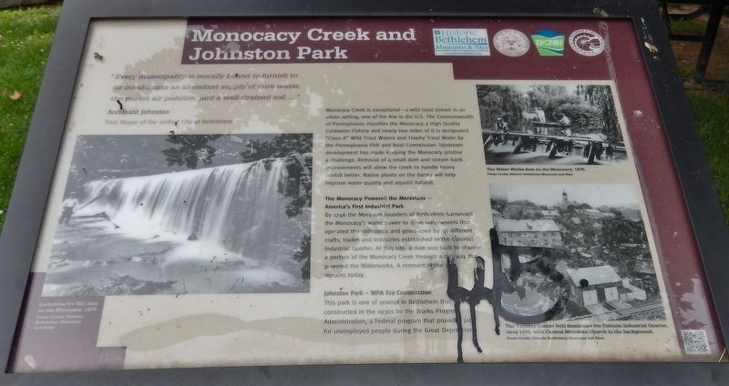 Monocacy Creek and Johnston Park Marker image. Click for full size.