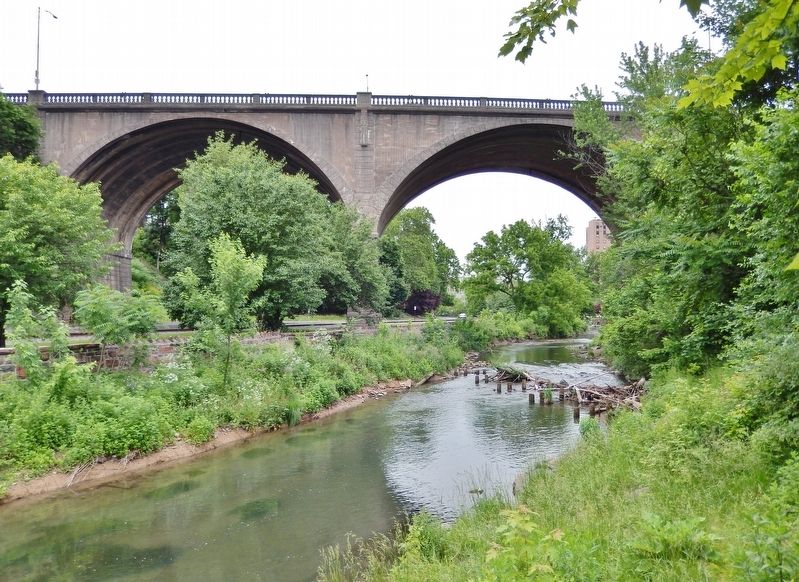 Monocacy Creek (<i>view north from marker; Broad Street Bridge in background</i>) image. Click for full size.