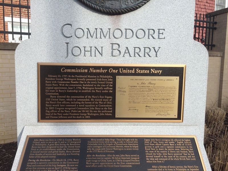 Commodore John Barry Marker Top Plaque image. Click for full size.