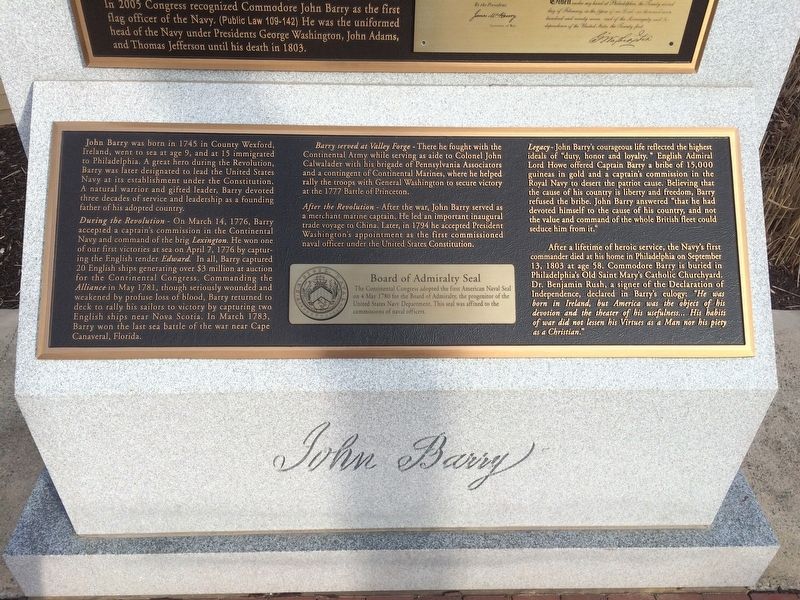 Commodore John Barry Marker Bottom Plaque image. Click for full size.