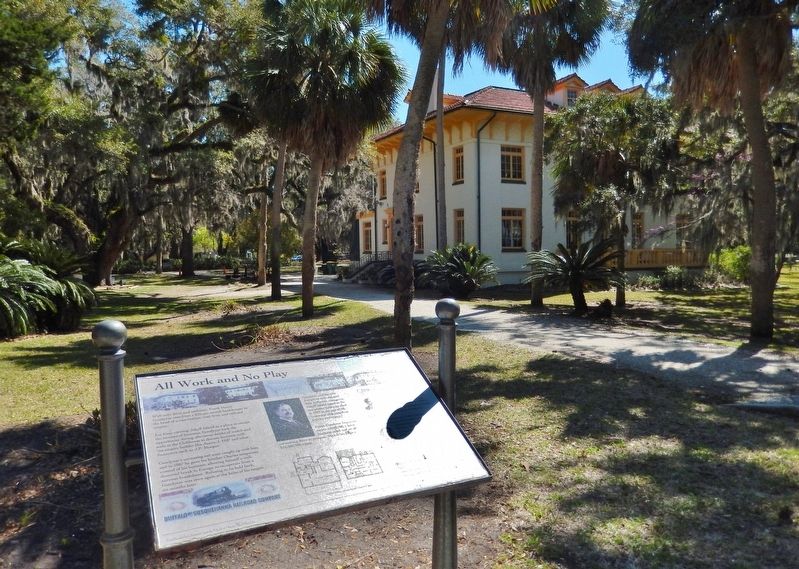 All Work and No Play Marker (<i>wide view</i>; northwest corner Goodyear Cottage in background</i>). Click for full size. All Work and No Play Marker (<i>wide view</i>; northwest corner Goodyear Cottage in background</i>) image. Click for full size.
