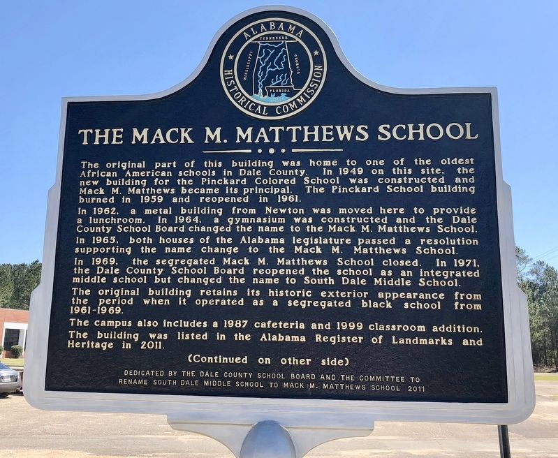 The Mack M. Matthews School Marker (front) image. Click for full size.