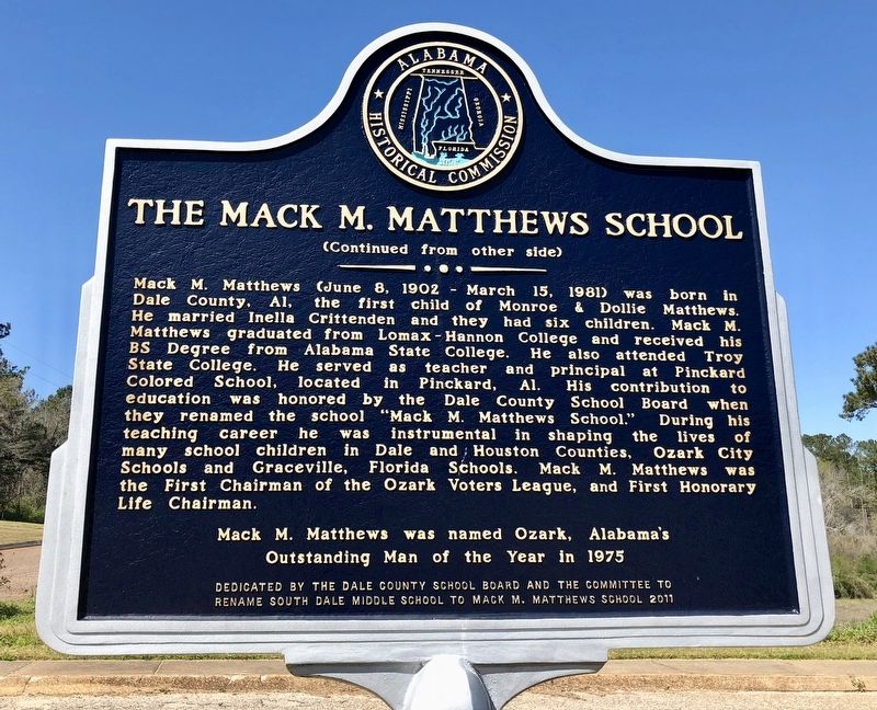 The Mack M. Matthews School Marker (rear) image. Click for full size.