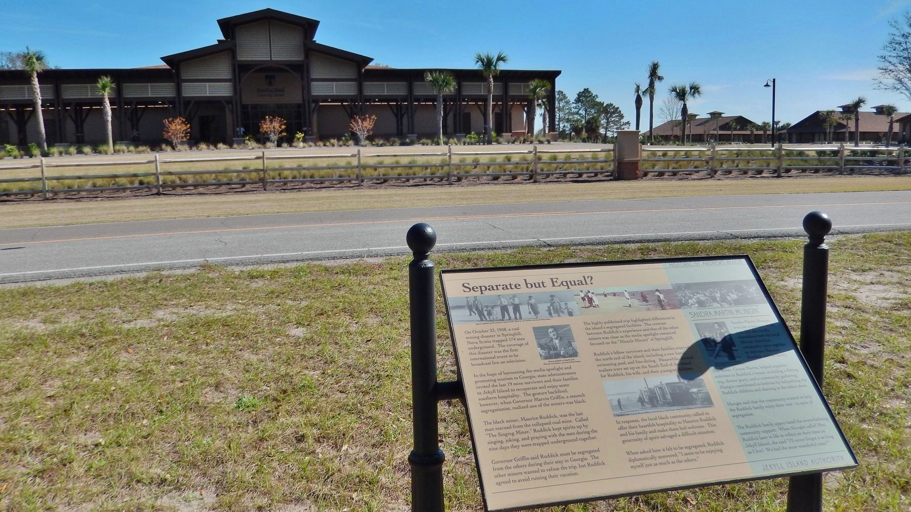 Separate But Equal? Marker (<i>wide view; Camp Jekyll in background, across highway</i>) image. Click for full size.