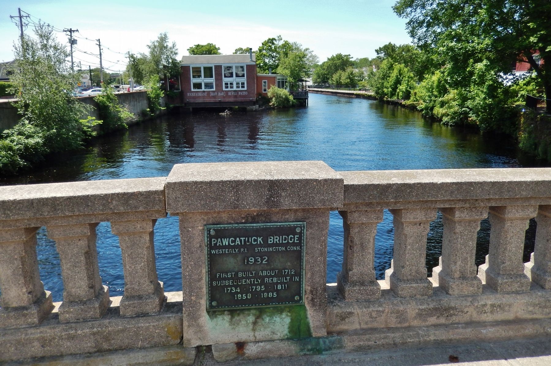 Pawcatuck Bridge Marker (<i>wide view; looking south across bridge railing</i>) image. Click for full size.