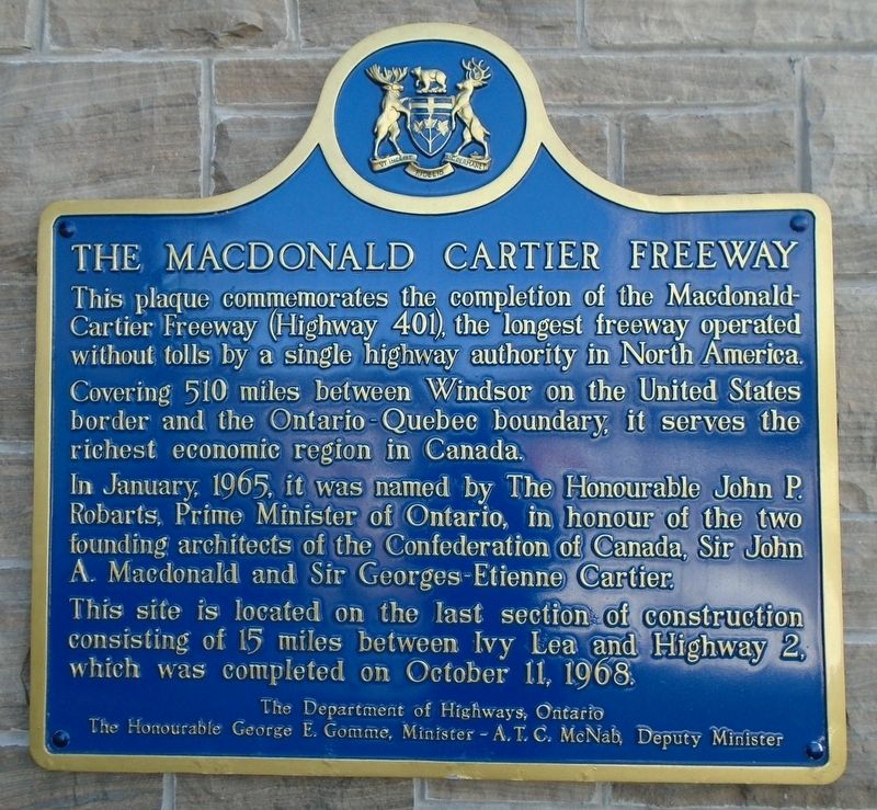 The Macdonald Cartier Freeway Marker image. Click for full size.