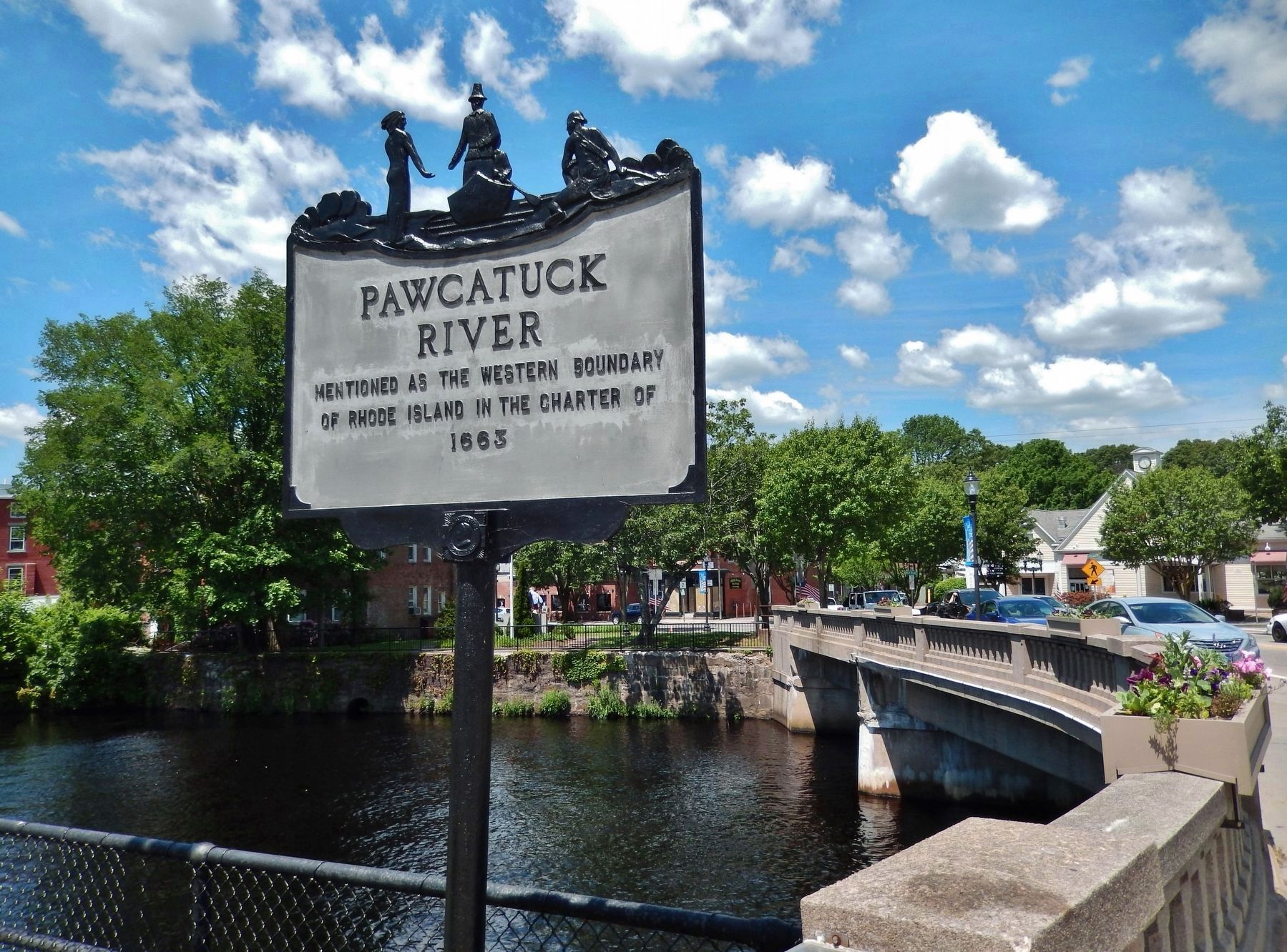 Pawcatuck River Marker (<i>wide view; looking west across Pawcatuck River Bridge to Connecticut</i>) image. Click for full size.