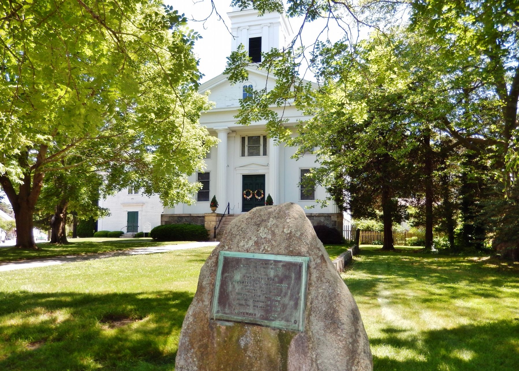 First Railroad Operated in Connecticut Marker (<i>wide view; church in background</i>). Click for full size. First Railroad Operated in Connecticut Marker (<i>wide view; church in background</i>) image. Click for full size.