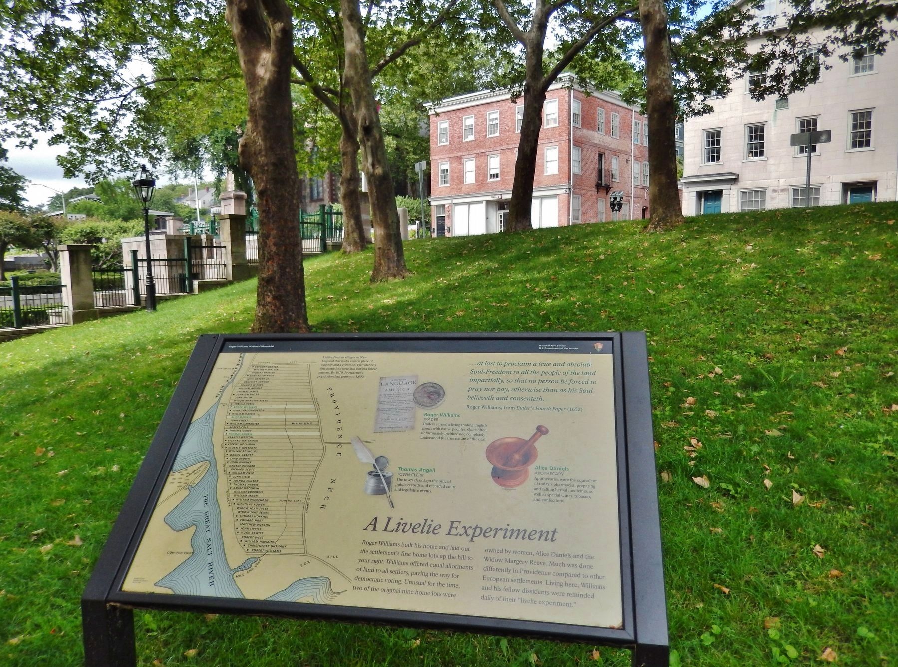 A Livelie Experiment Marker (<i>wide view; looking uphill through park toward Main Street</i>). Click for full size. A Livelie Experiment Marker (<i>wide view; looking uphill through park toward Main Street</i>) image. Click for full size.