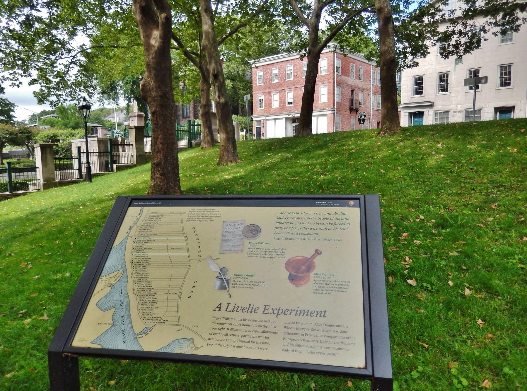 A Livelie Experiment Marker (<i>wide view; looking uphill through park toward Main Street</i>) image. Click for full size.