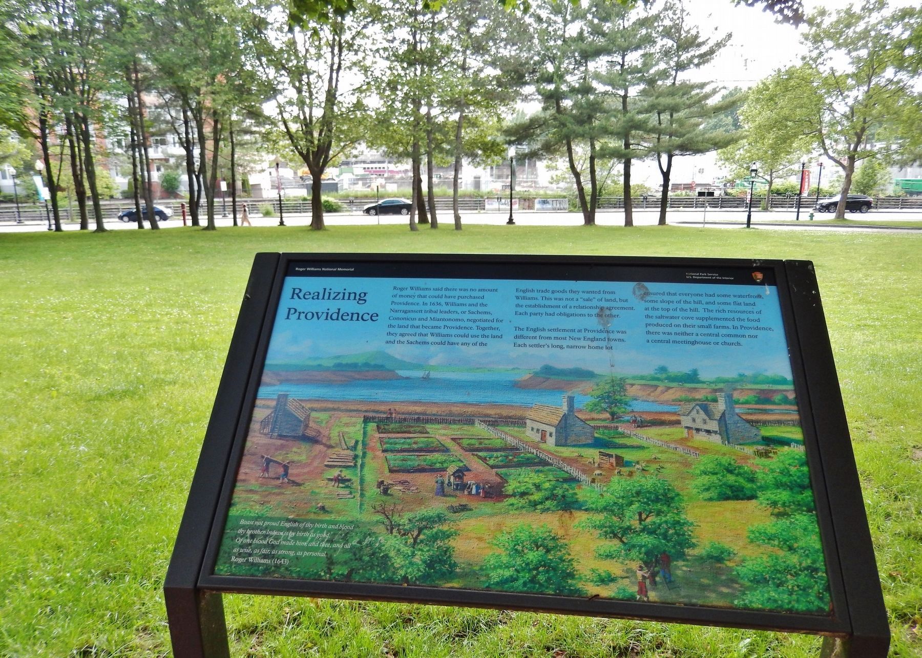 Realizing Providence Marker (<i>wide view; looking west across park toward Canal Street</i>). Click for full size. Realizing Providence Marker (<i>wide view; looking west across park toward Canal Street</i>) image. Click for full size.