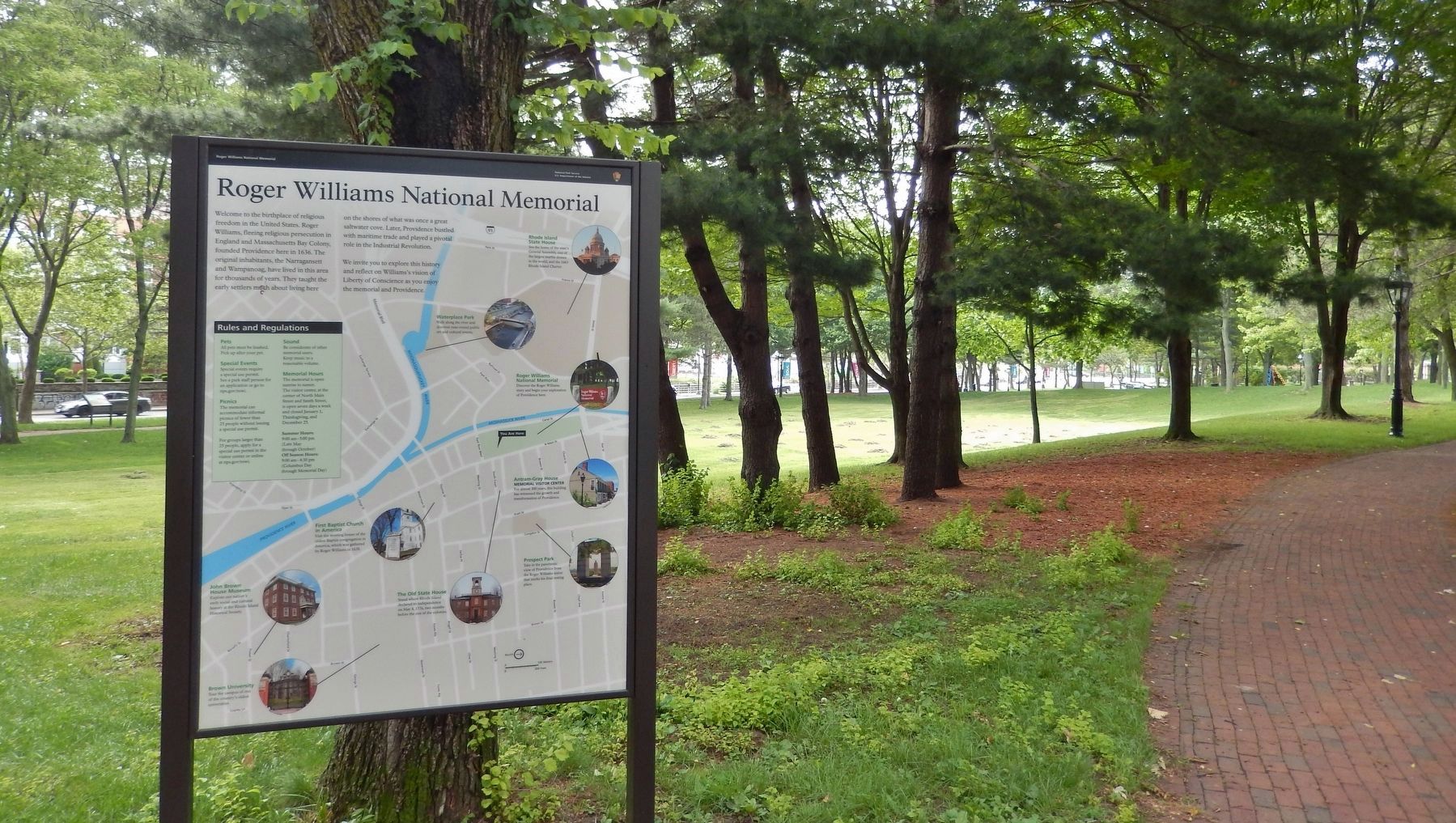Roger Williams National Memorial Marker (<i>wide view; northeast across park to Canal Street</i>) image. Click for full size.