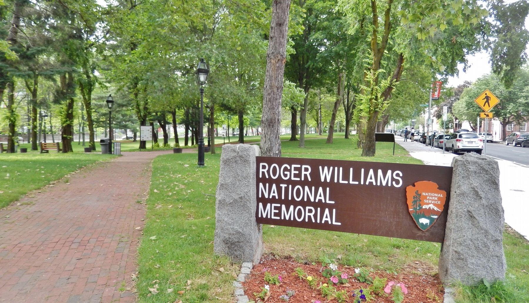 Roger Williams National Memorial Sign (<i>marker visible beside path in background</i>) image. Click for full size.