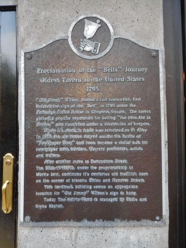 Proclamation of the "Bells" Journey Marker (<i>tall view; tavern entrance beside marker at left</i>) image. Click for full size.