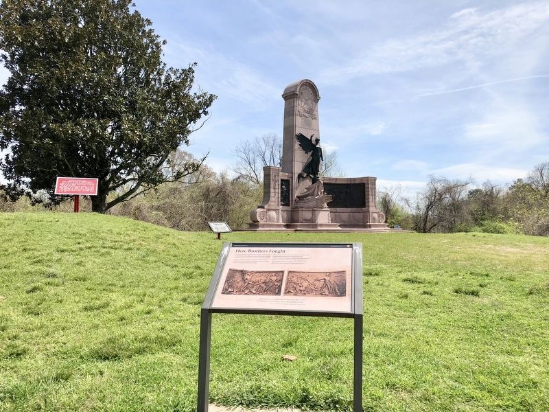 Here Brothers Fought Marker with Missouri monument in background. image. Click for full size.