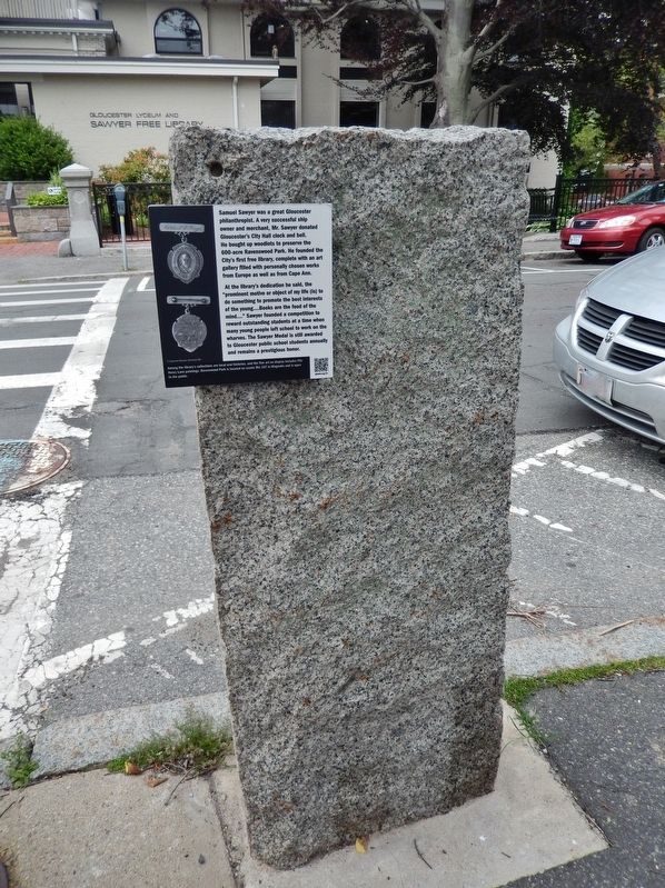 Samuel Sawyer Marker (<i>tall view; Sawyer Free Library in background</i>) image. Click for full size.