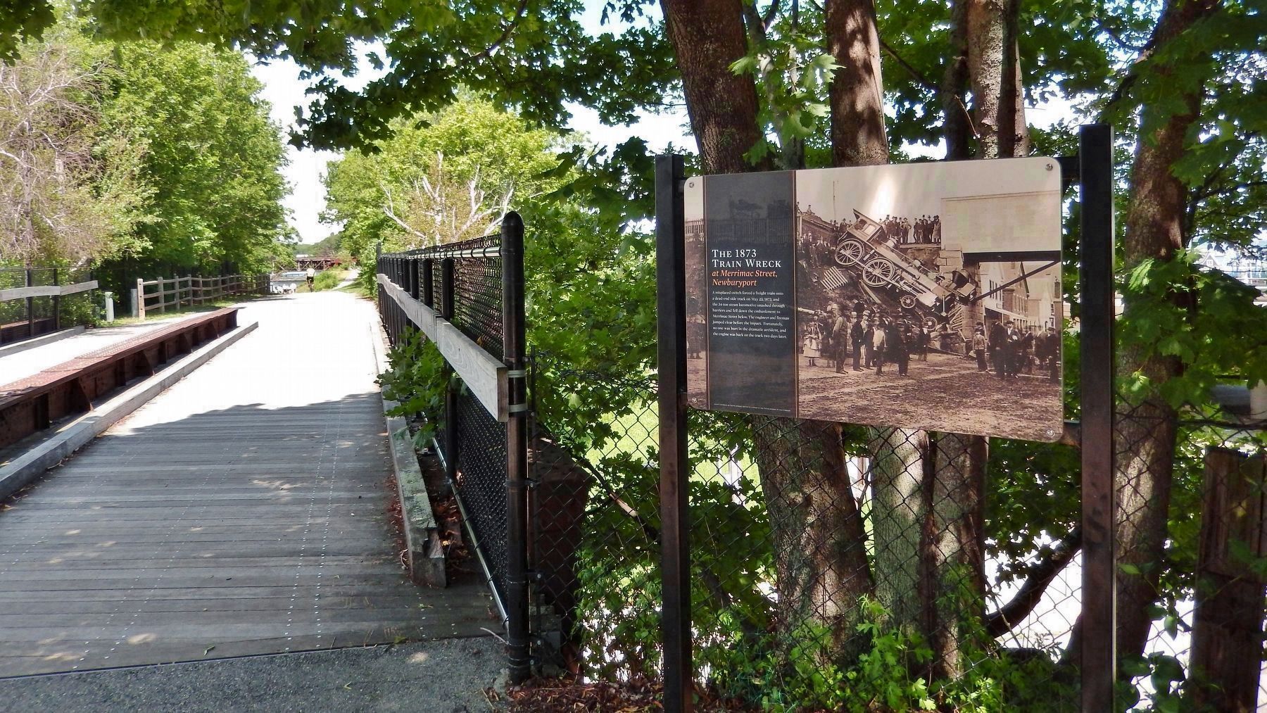 The 1873 Train Wreck Marker (<i>wide view; looking north across the Merrimac Street bridge</i>) image. Click for full size.