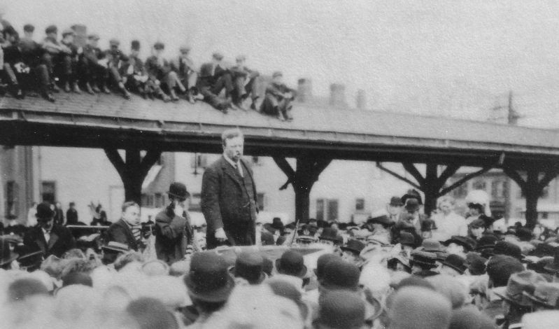 Marker detail: Teddy Roosevelt's 1912 Campaign Speech at Newburyport Railroad Station. Click for full size. Marker detail: Teddy Roosevelt's 1912 Campaign Speech at Newburyport Railroad Station image. Click for full size.