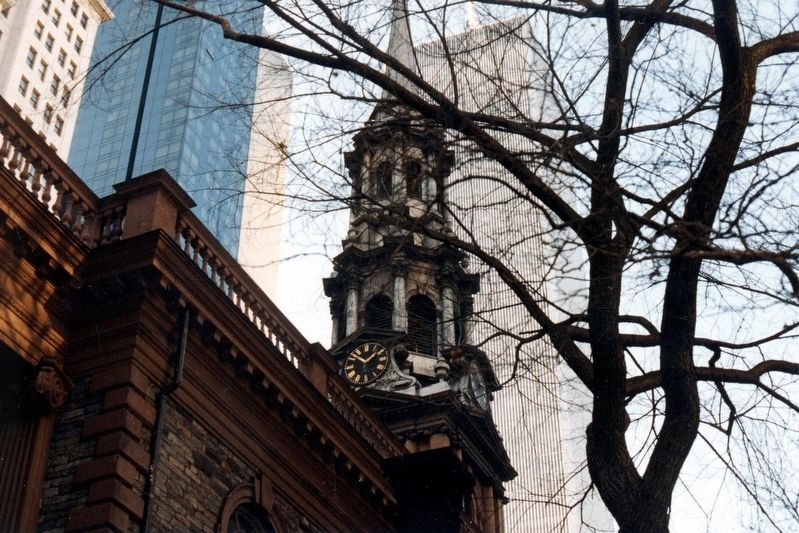 St. Paul's Chapel steeple and the Twin Towers beyond image. Click for full size.