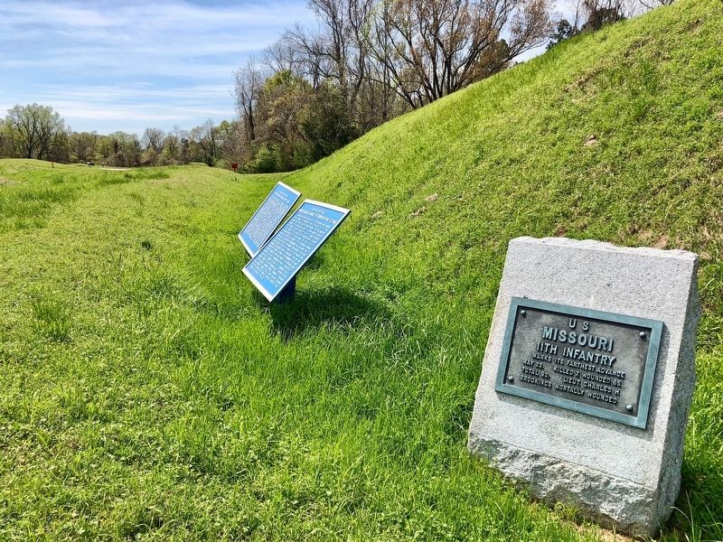<small>U S</small> Missouri 11th Infantry Marker at foot of Stockade Redan.. Click for full size. <small>U S</small> Missouri 11th Infantry Marker at foot of Stockade Redan. image. Click for full size.