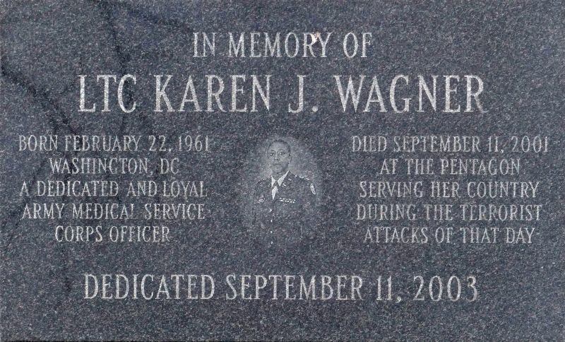 In Memory of LTC Karen J. Wagner Marker. Click for full size. In Memory of LTC Karen J. Wagner Marker image. Click for full size.