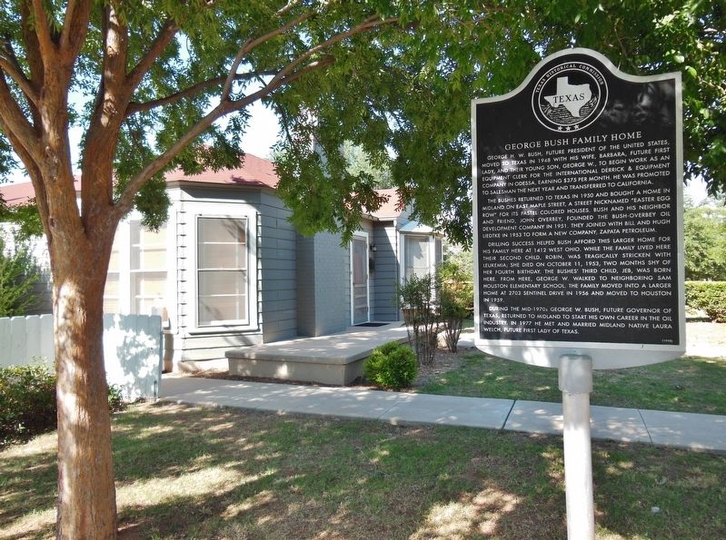 George Bush Family Home Marker (<i>wide view; Bush Family Home in background</i>) image, Touch for more information