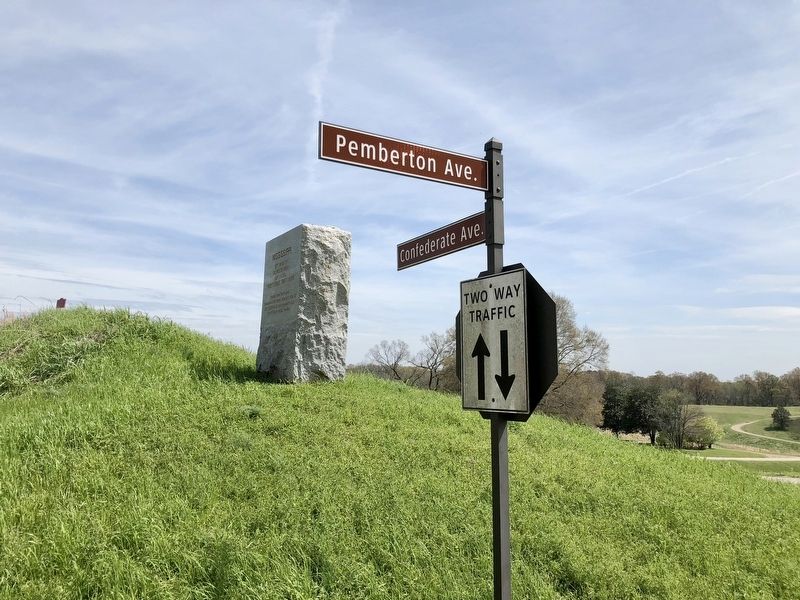 Mississippi 38th Infantry marker at intersection of Confederate and Pemberton Avenues.. Click for full size. Mississippi 38th Infantry marker at intersection of Confederate and Pemberton Avenues. image. Click for full size.