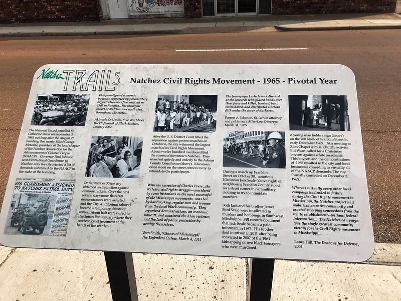 Natchez Civil Rights Movement - 1965 - Pivotal Year Marker image. Click for full size.