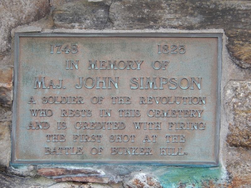 Major John Simpson Plaque (<i>on right post of cemetery entrance gate</i>) image. Click for full size.