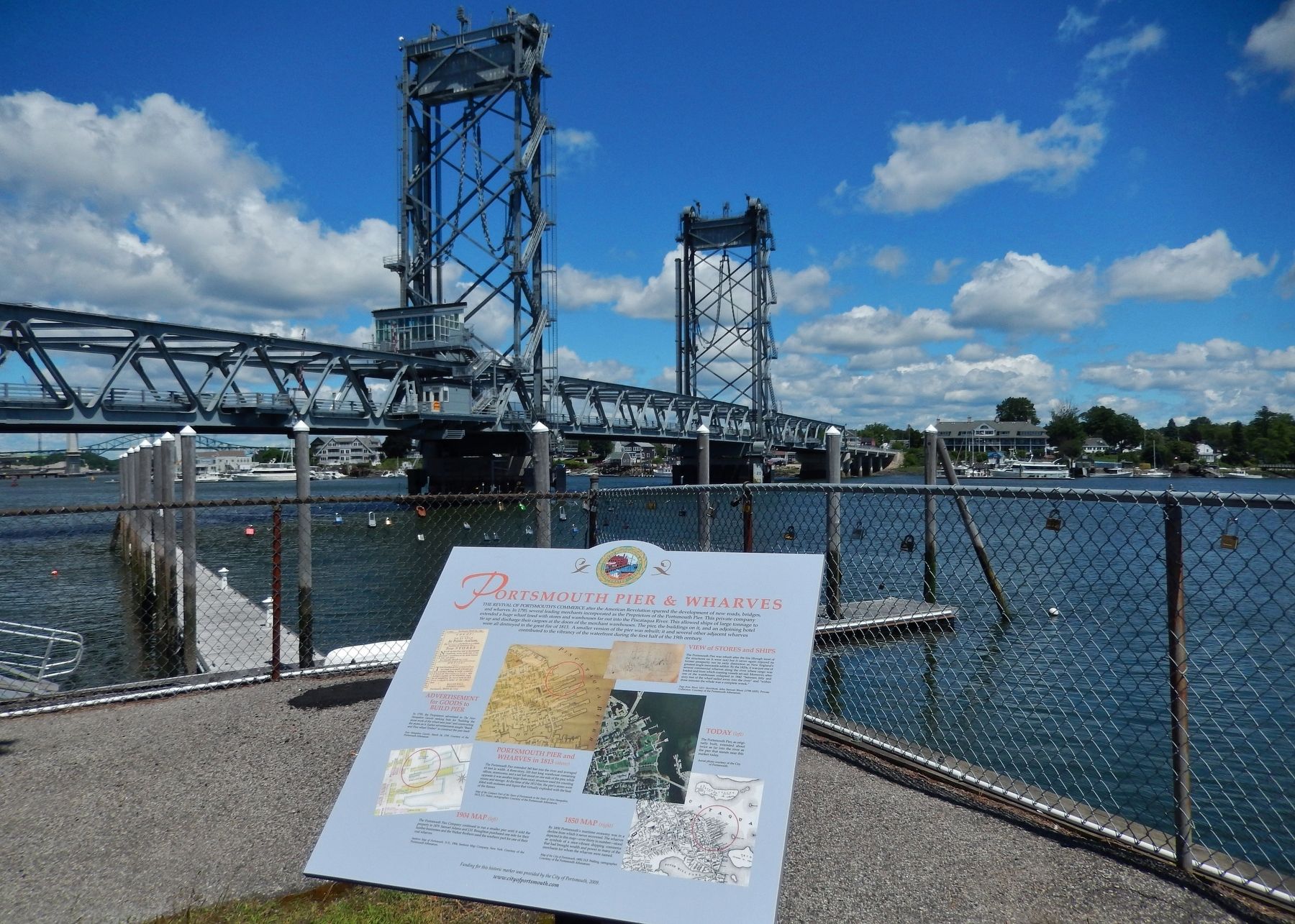 Portsmouth Pier & Wharves Marker (<i>wide view; Memorial Bridge in background</i>) image. Click for full size.