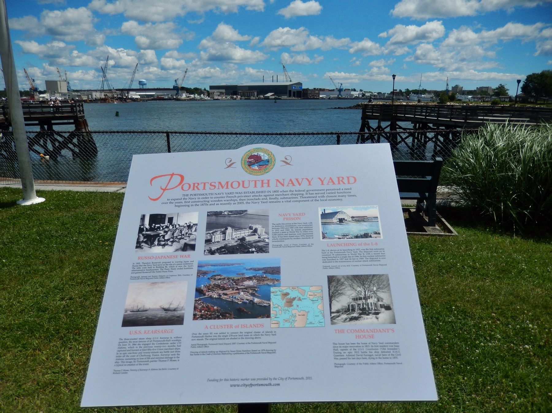 Portsmouth Navy Yard Marker (<i>wide view; Navy Yard in background across river</i>). Click for full size. Portsmouth Navy Yard Marker (<i>wide view; Navy Yard in background across river</i>) image. Click for full size.