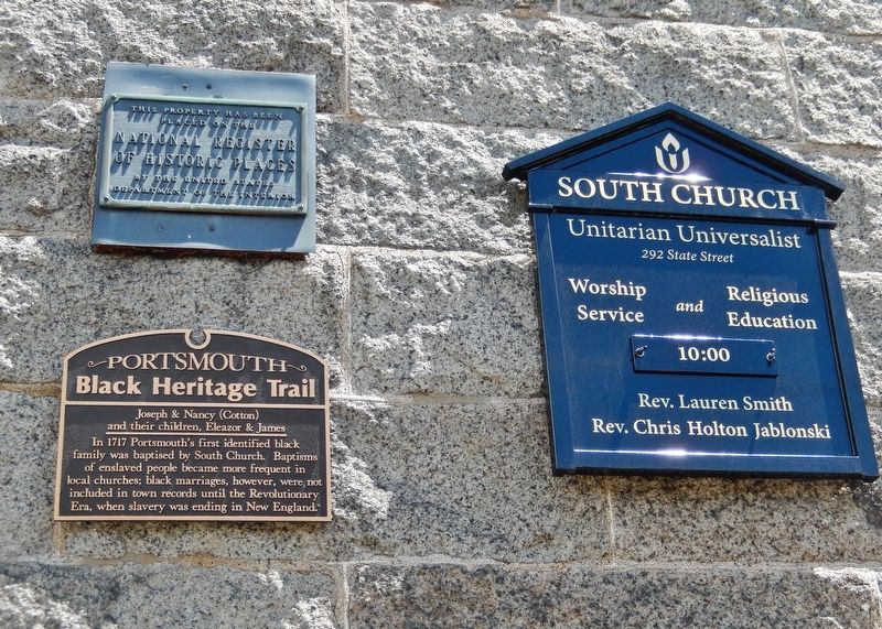 Joseph & Nancy (Cotton) Marker (<i>wide view; showing related South Church plaque & information</i>) image. Click for full size.
