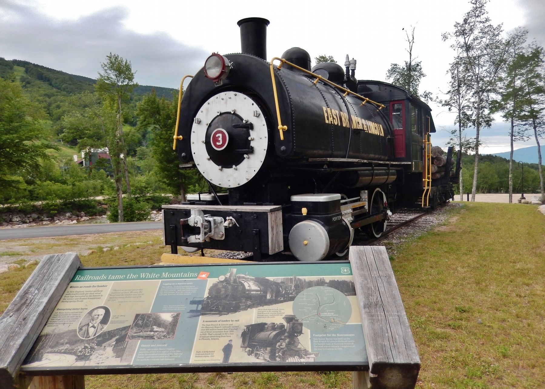 Railroads tame the White Mountains Marker (<i>wide view; engine in background</i>) image. Click for full size.