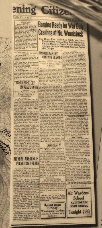 Marker detail: Newspaper Article from following day (January 15, 1942). Click for full size. Marker detail: Newspaper Article from following day (January 15, 1942) image. Click for full size.