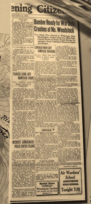 Marker detail: Newspaper Article from following day (January 15, 1942) image. Click for full size.