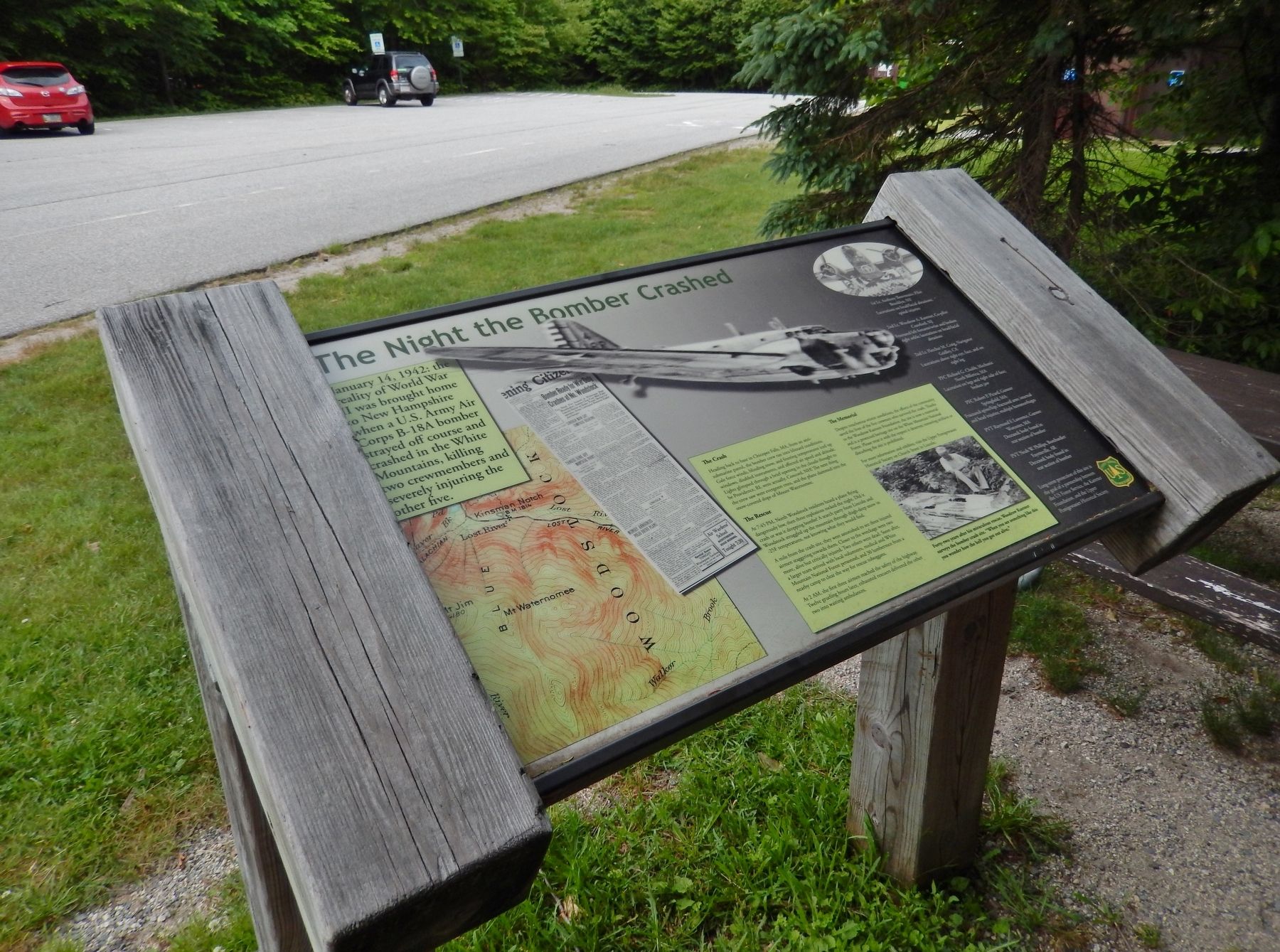 The Night the Bomber Crashed Marker (<i>wide view; Beaver Brook Trail parking lot in background</i>). Click for full size. The Night the Bomber Crashed Marker (<i>wide view; Beaver Brook Trail parking lot in background</i>) image. Click for full size.