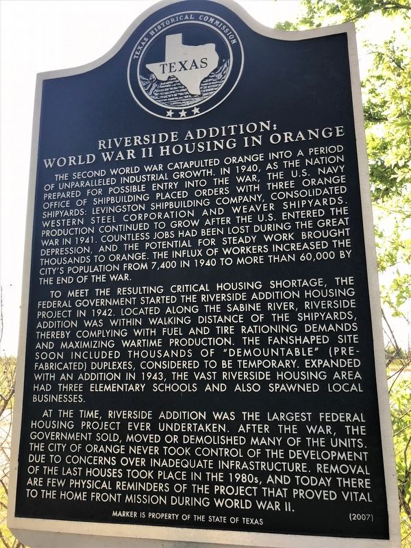 Riverside Addition: World War II Housing in Orange Marker image. Click for full size.