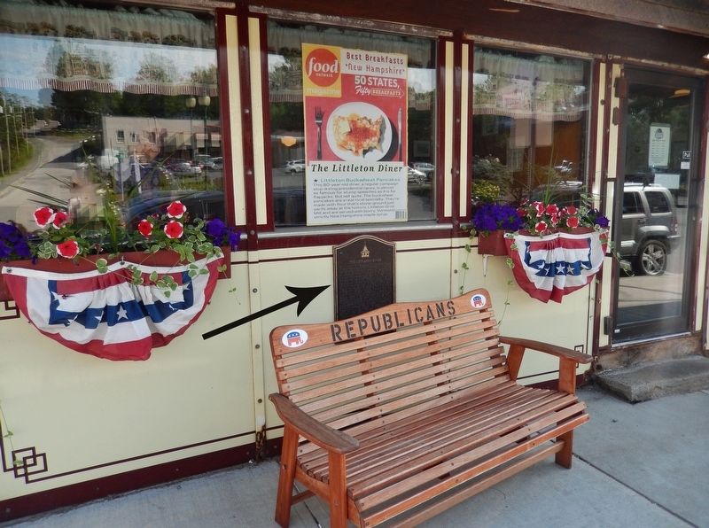 The Littleton Diner "Republicans Bench" (<i>marker under window, near center of building</i>). Click for full size. The Littleton Diner "Republicans Bench" (<i>marker under window, near center of building</i>) image. Click for full size.