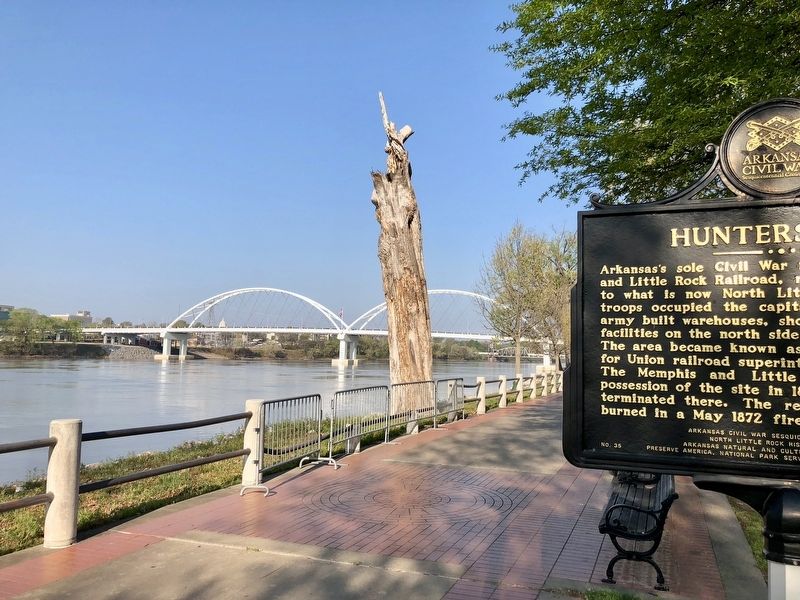 View of marker looking west on the Arkansas River & the Broadway Bridge. image. Click for full size.