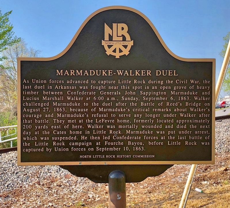 Marker notes actual location of the duel and located about 10 miles southwest in North Little Rock.. Click for full size. Marker notes actual location of the duel and located about 10 miles southwest in North Little Rock. image. Click for full size.