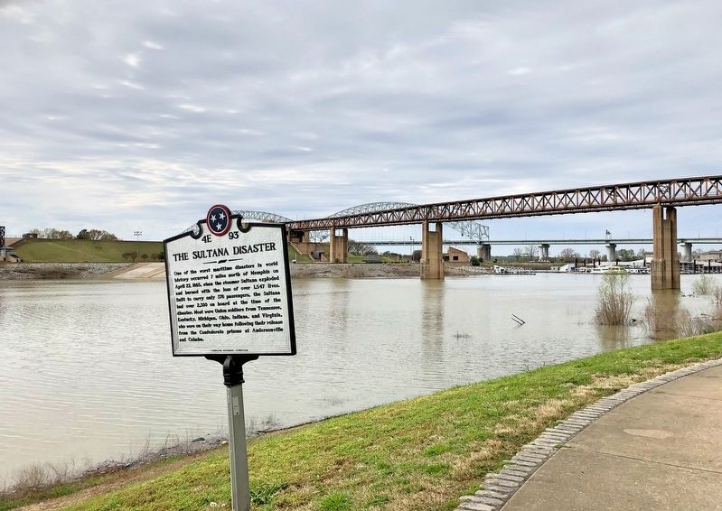 View of marker looking across Wolf River Harbor & Mud Island. image. Click for full size.