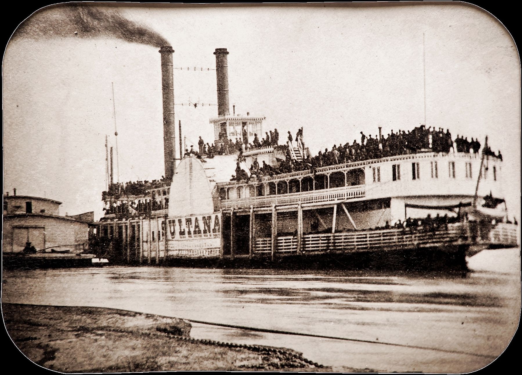 Photo of the Sultana taken at Helena, Arkansas, on April 26, 1865, a day before she was destroyed.. Click for full size. Photo of the Sultana taken at Helena, Arkansas, on April 26, 1865, a day before she was destroyed. image. Click for full size.