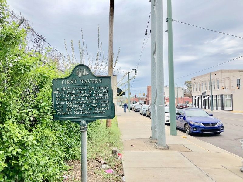 First Tavern Marker on left looking north on Main Street under the Hernando de Soto Bridge.. Click for full size. First Tavern Marker on left looking north on Main Street under the Hernando de Soto Bridge. image. Click for full size.
