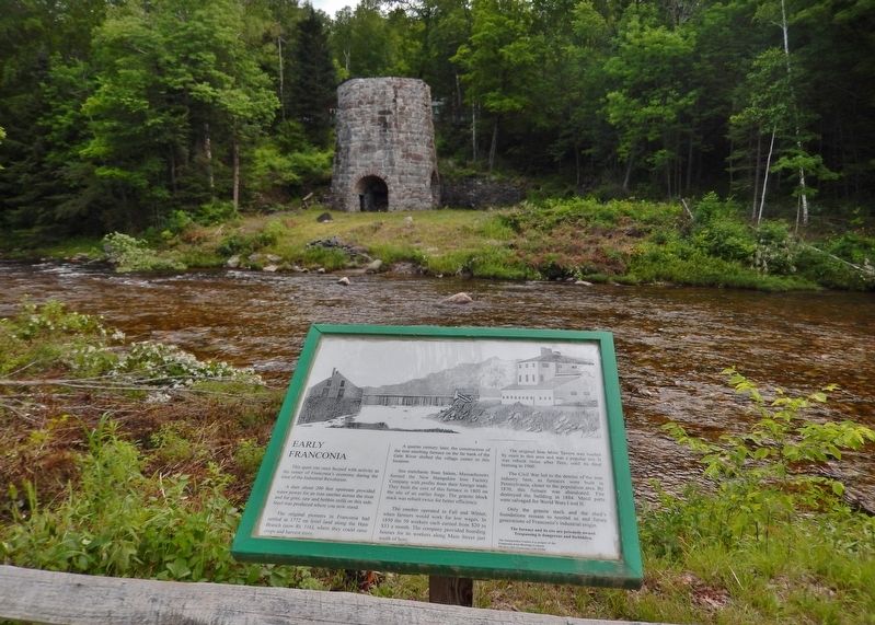 Early Franconia Marker (<i>wide view; Gale River & Stone Iron Furnace ruins in background</i>) image. Click for full size.